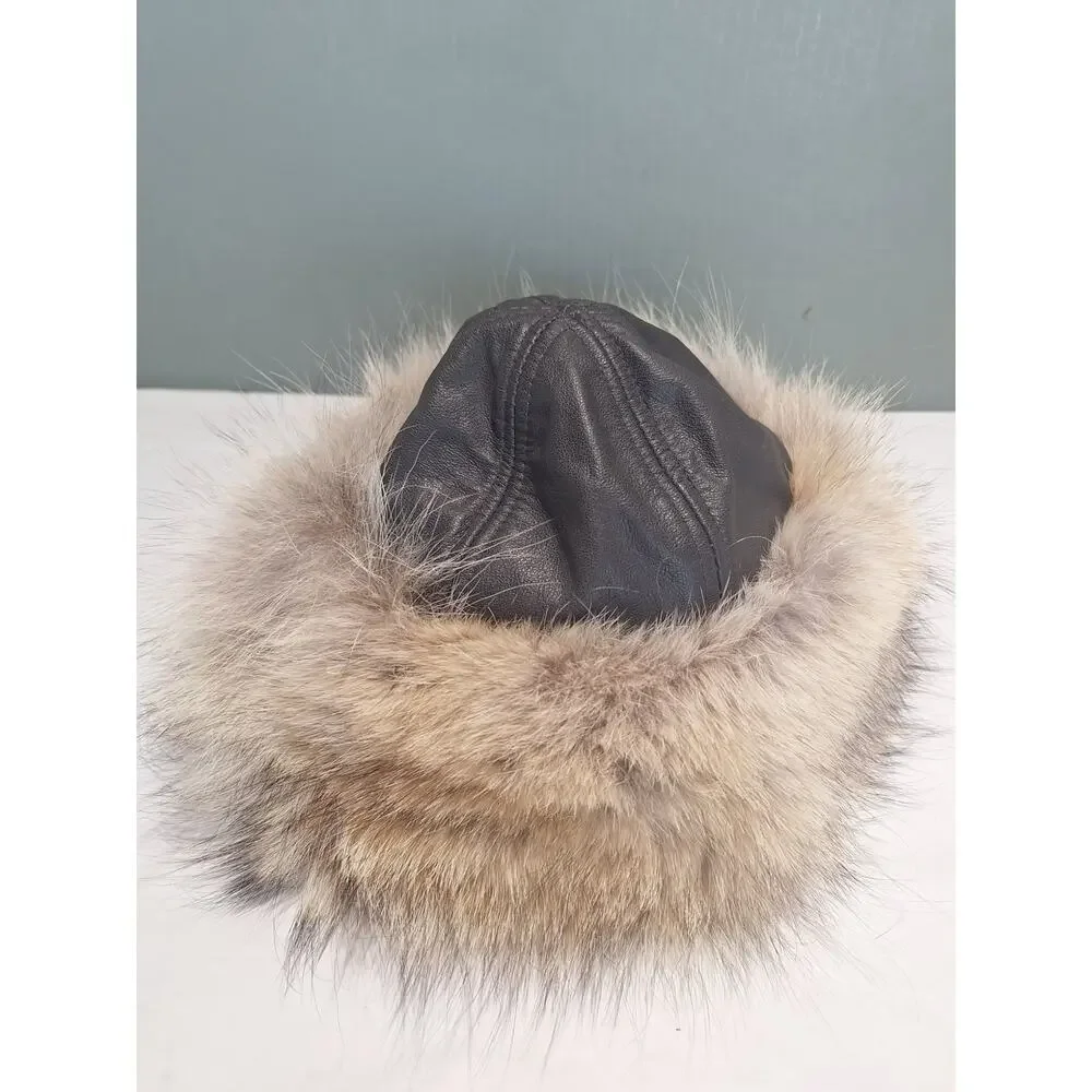 Paul Leinburd Crown Cap Natural Coyote Fur Leather Women's Winter Hat Medium